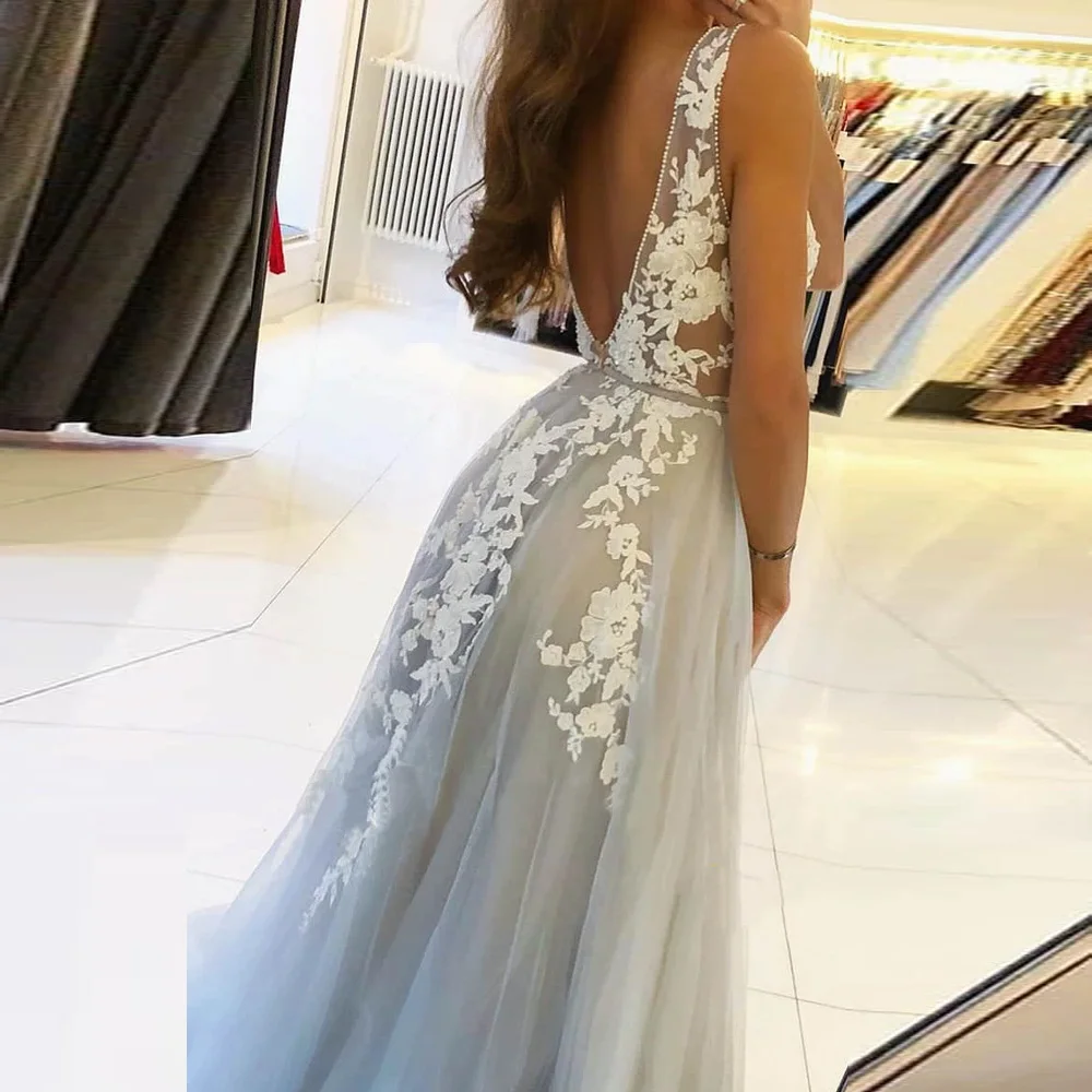 BEPEITHY V Neck Long Prom Dresses for Women Sexy Gray Summer Backless White Lace Dubai Evening Party Gown Sleeveless women prom dresses