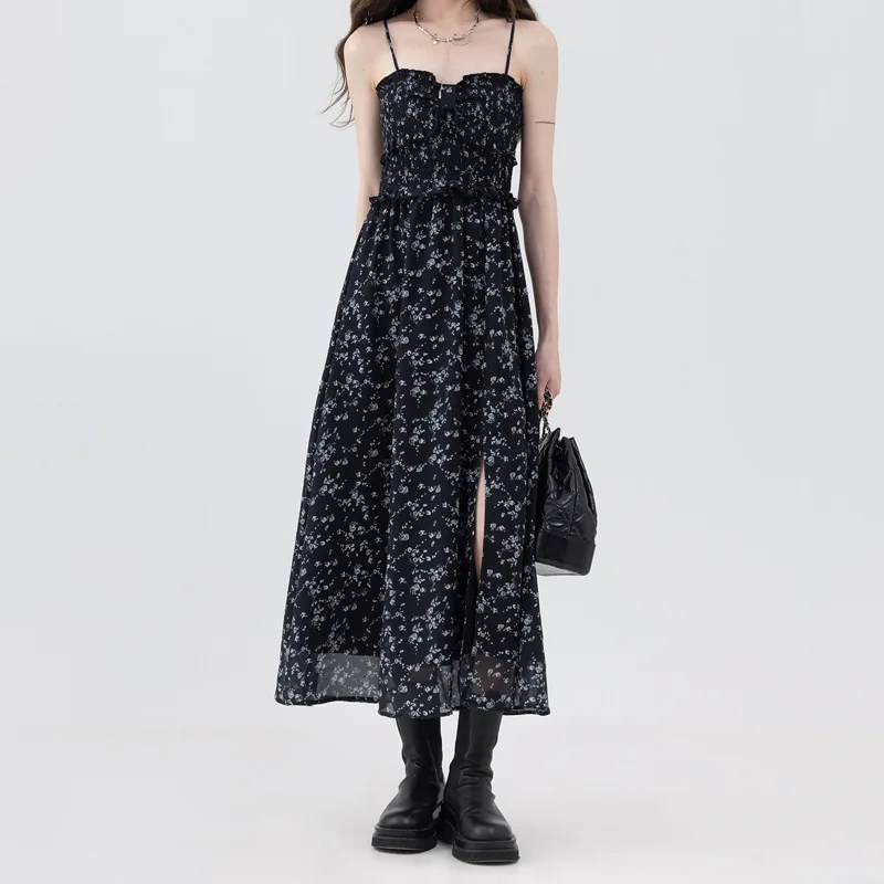 

2024 New Summer Vintage Floral Black Slip Dress Women's Casual Elegant Chic Sexy Slim Sleeveless Party Side Slit Long Dresses