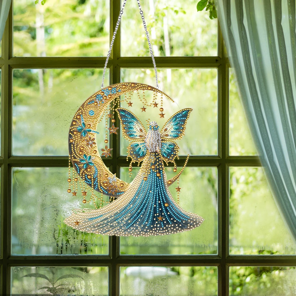 Moonlight Goddess 2D/Flat DIY Special Shape Rhinestone Diamond Art Window Pendants Diamond Painting Set Hanging Diamond Art Kits