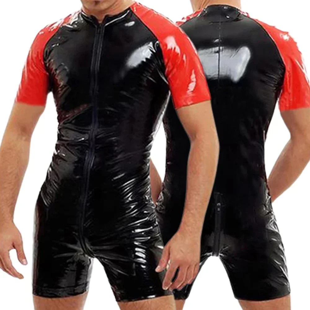 Men PVC Leather Wet Look Bodysuits Lingerie Zipper Crotch Shinny Leather Jumpsuit Clubwear Pole Dance Performance Rave Costumes