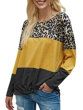 

Color Block Long Sleeve Tee Shirts Lady Casul Loose Tops T-shirt for Women Leopard Print Patchwork Blusas Daily Pullover Tops