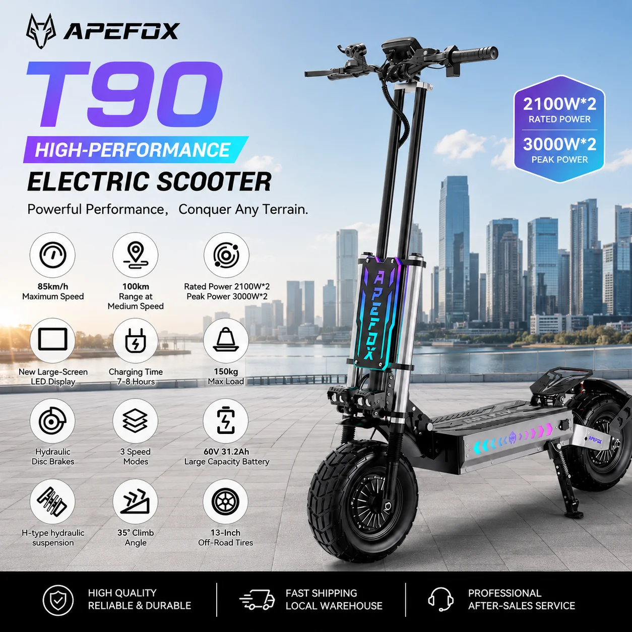 Trottinette électrique adulte EU APEFOX T90 4200W à double moteur, pliable, 60V 31.2AH, pneus tout-terrain de 13 pouces, trottinette électrique tout-terrain 1