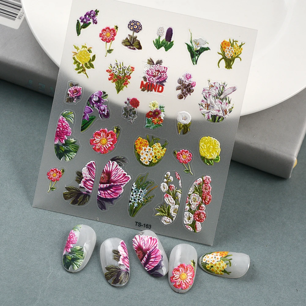 Flowers Blooms 5D Nail Sticker Soft Reliefs Back Glue Tape Nail Sliders 6