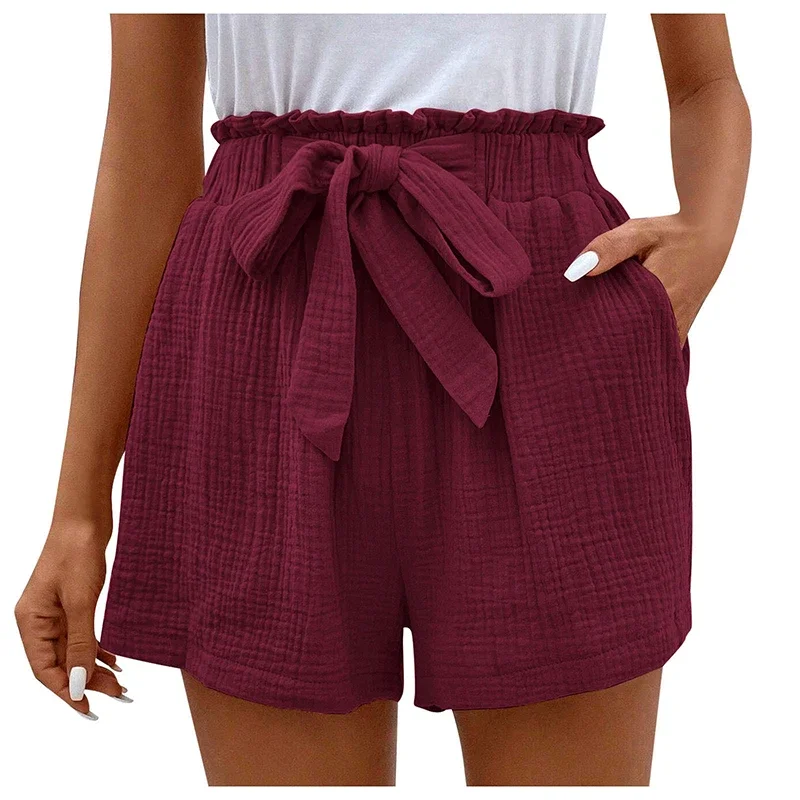 Women's Cotton Linen High Waist Shorts Sweet Soft Comfortable Bow Tie Elastic Waist Summer Pants Loose Casual Wide Leg Shorts