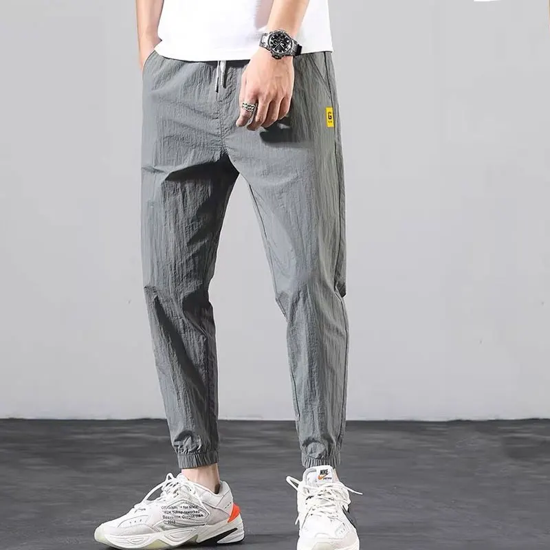 Summer Ice Silk Men Pants Sports Outdoor Casual Trousers Elastic Waist Drawstring Comfortable Male Long Cool Loose Pant 5XL