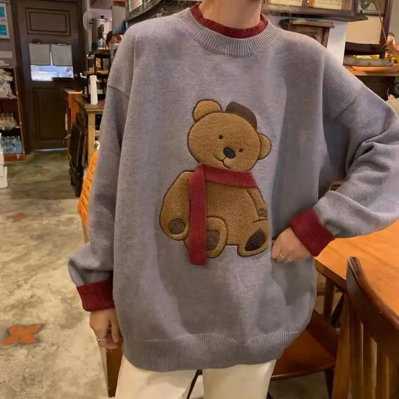 

Women's Contrast Color Little Bear 3D Pattern Lovely Sweater New Japanese Preppy Style Knitwear for Lady Loose Lazy Fashion Tops