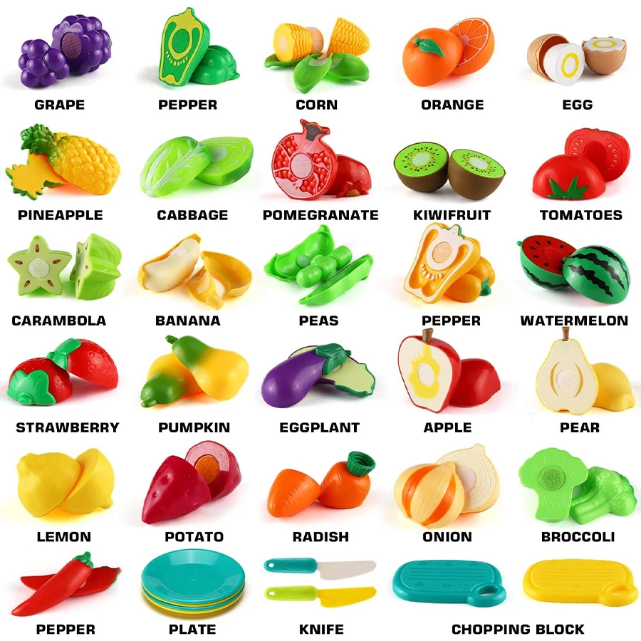 Cutting Play Food Toy for Kids Kitchen, Pretend Fruit &Vegetables Accessories with Shopping Storage Basket, Plastic Mini Dishes