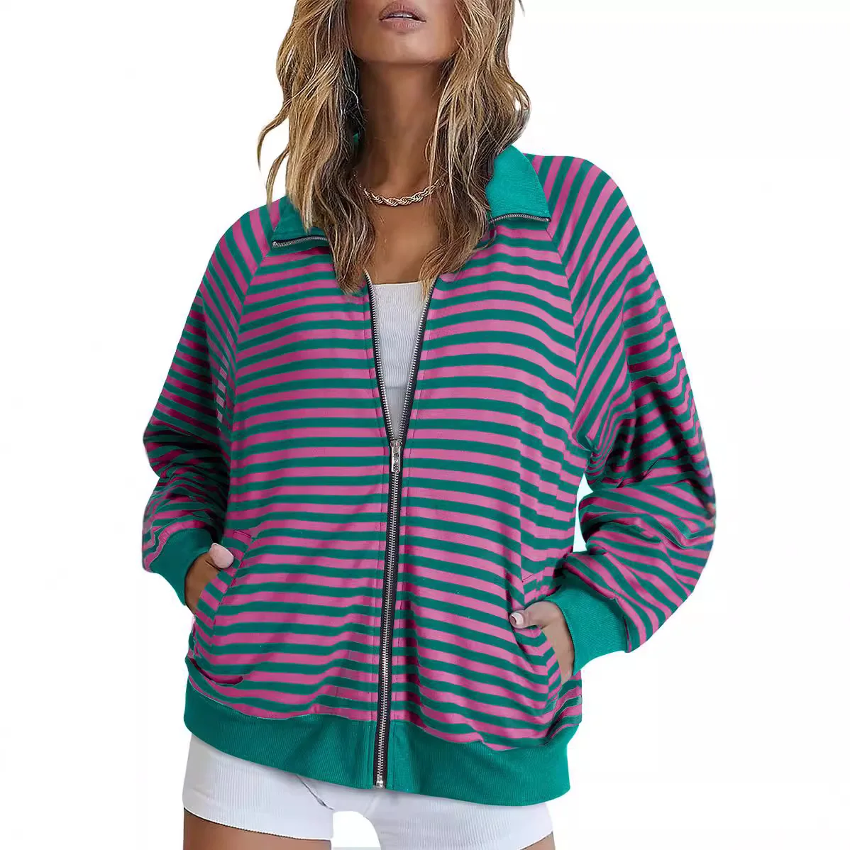 Women Autumn Striped Zip Up Jacket