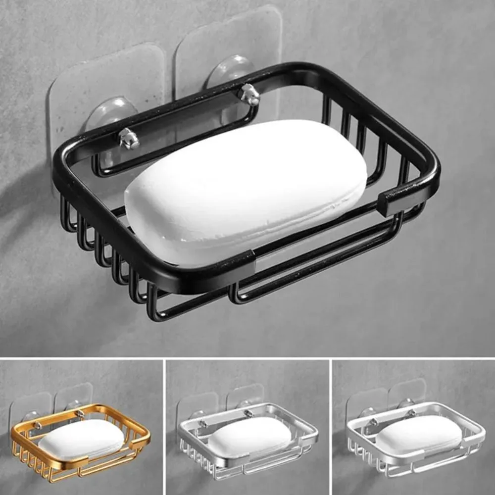 Drill Free Wall-mounted Soap Holder Sponge Dish Holder No Drilling Aluminum Adhesive Soap Dish Rack Metal