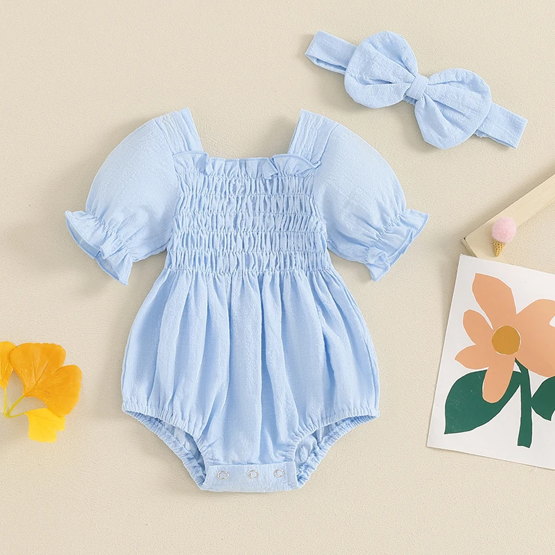 

VISgogo Infant Baby Girl Summer Romper Solid Color Puff Sleeve Ruffled Neckline Shirred Bodysuits with Bow Headband Outfit