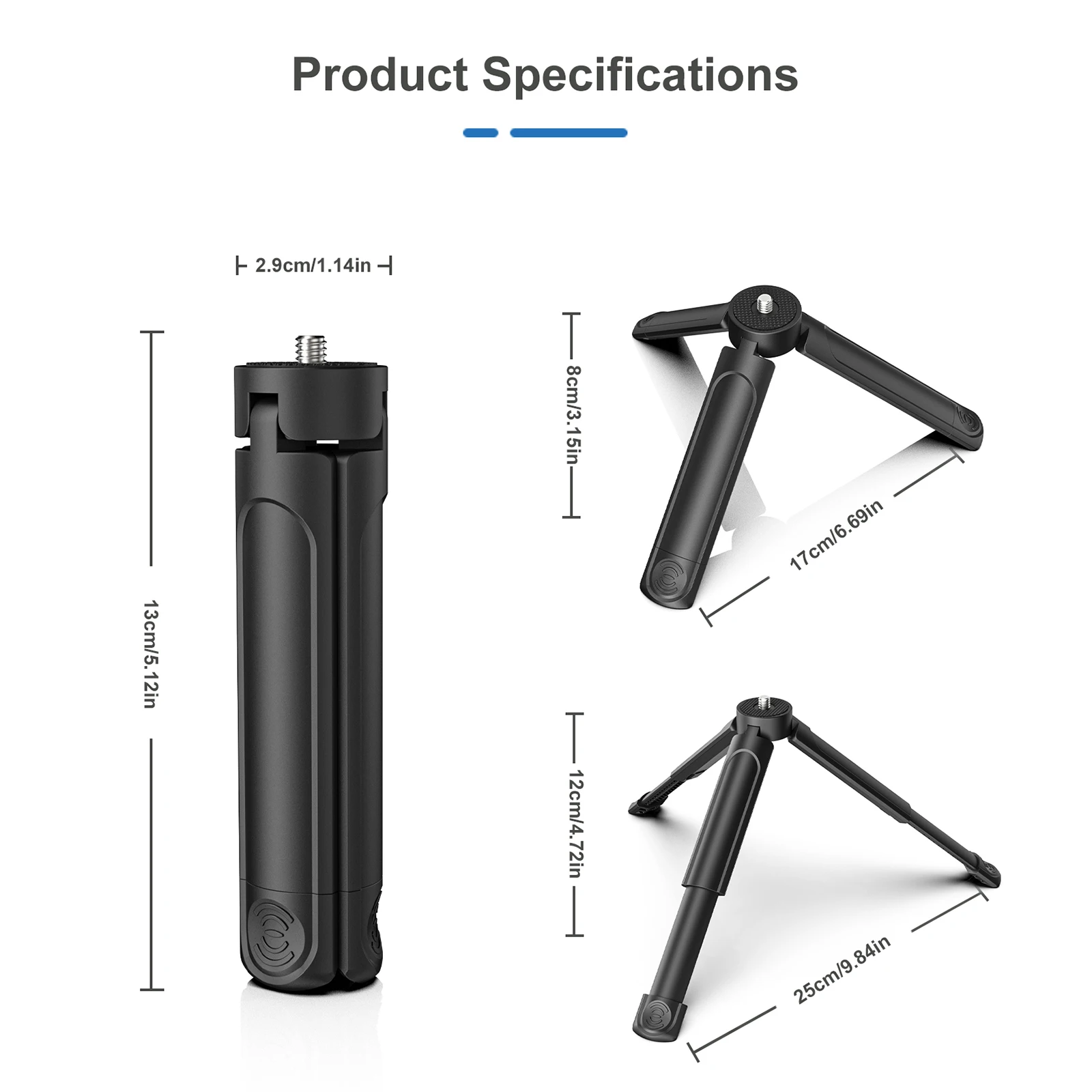 Treppiede da Tavolo Portatile con Lunghezza Regolabile a 2 Livelli, Vite da 1/4 di Pollice, Mini Treppiede Compatto per Fotocamera e Telefono - immagine 5