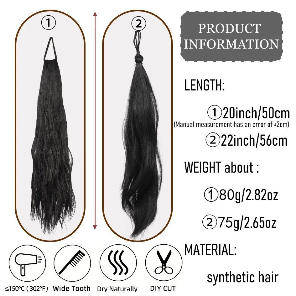 Synthetic 20 inch/22 inch long wavy ponytail tie, elastic headband hair accessory, ponytail extension, double ponytail Lolita