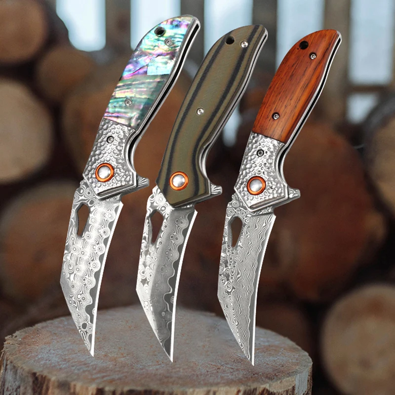 

Wood Handle Small Folding Knife Damascus VG10 Steel Blade bearing Camping Folding Pocket Knives Outdoor Tool