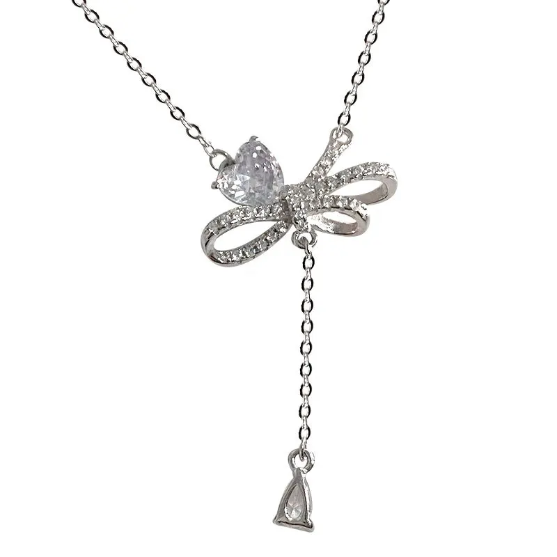100% 925 Sterling Silver Zircon Bowknot Necklace for Women Girl Love Heart Water Drop Design Jewelry Party Gift Dropshipping