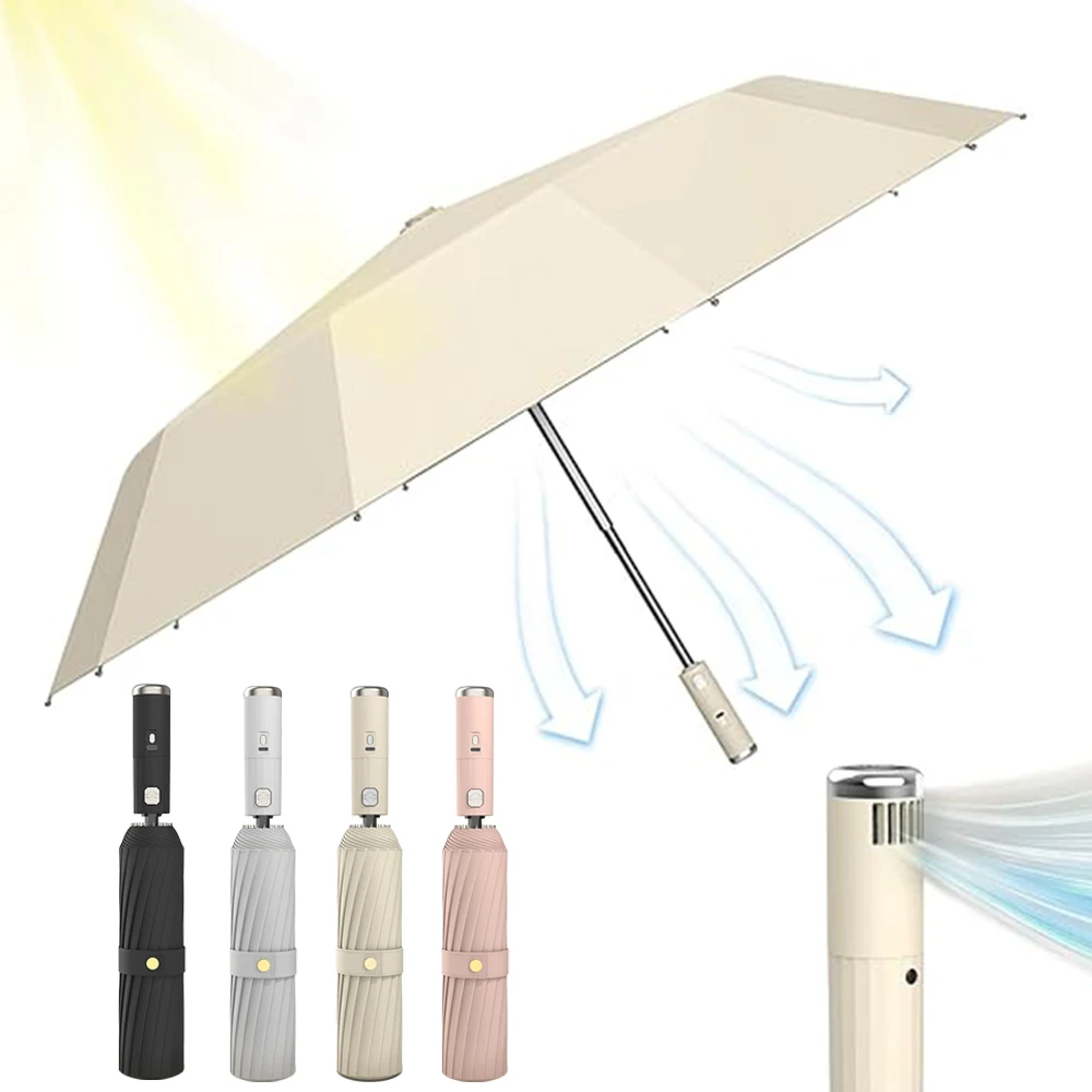 3 in 1 Sun Protection Umbrella with Fan,USB Rechargeable Automatic Folding UV Umbrella,Portable Sun Travel Umbrella for Travel