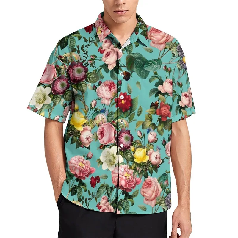 thumbnail image 1 of Camisas casuales con estampado completo de rosas en 3D y flores para hombre, camisas y blusas hawaianas de manga corta con botones para playa, ropa de calle de verano, 1 of 5