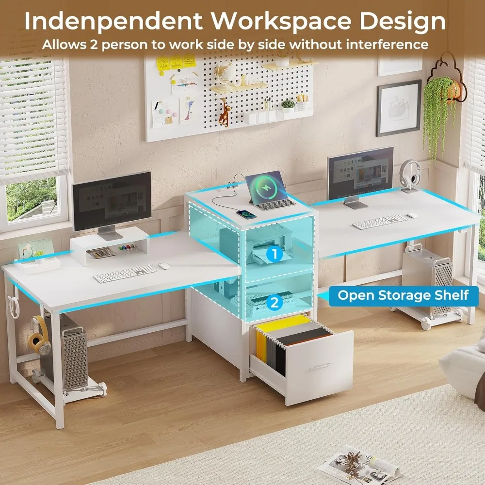 98" Home Office Desk, Computer Desk with File Drawer, Power Strip with USB, 2 Person Long Desk, Storage, Printer Shelf 4