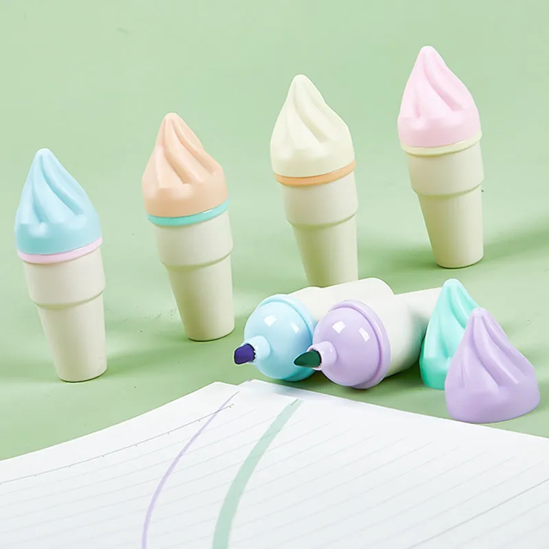 어린이 및 학생용 귀여운 슈가 콘 하이라이터 펜, 문구류 회계 펜, 아이스크림 미니 하이라이터 펜, 6 개