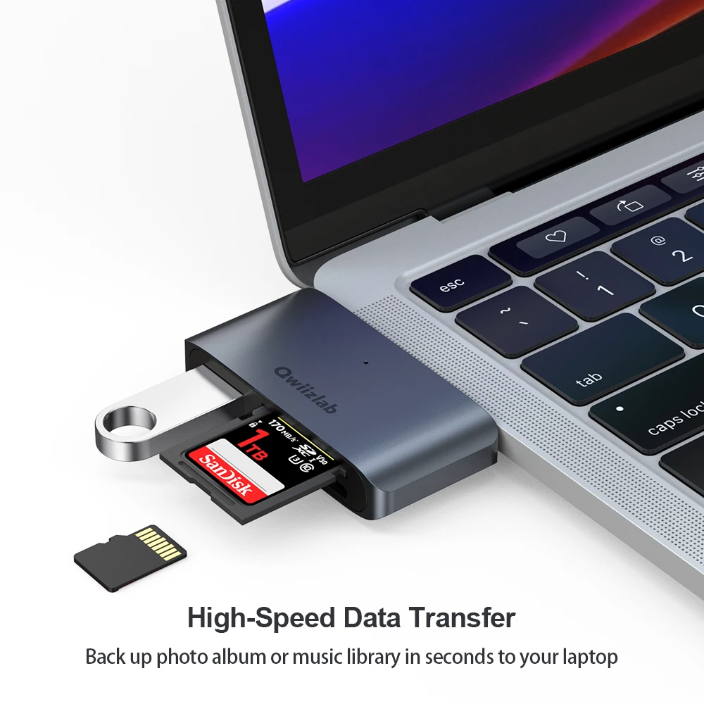 Фото Qwiizlab 4-в-1 устройство для чтения SD-карт MicroSD 5 Гбит/с USB 3,0 Type-C хаб адаптер для MacBook iMac iPad Surface Pro (серый) №4