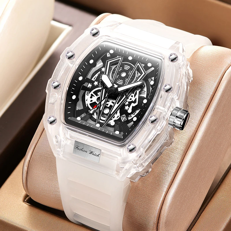 Dropshipping Men's Tonneau Watches Fashion Sport Luminous Quartz Timepiece Special Transparent Case White Man Watch Without Logo