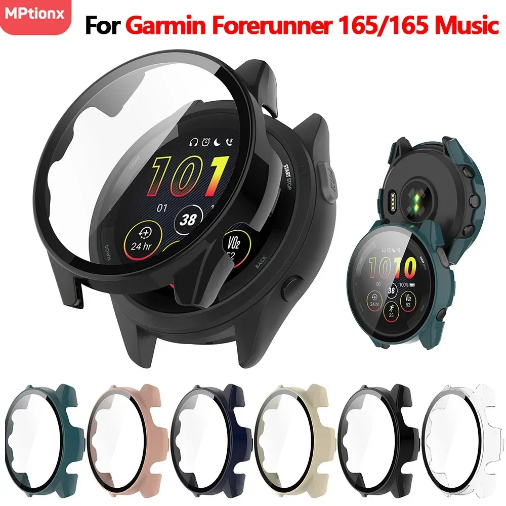 Watch Screen Protector Case Tempered Glass+Case For Garmin Forerunner 165 PC Hard Screen Protector All-around Bumper Protective Cover for Garmin 165 Music