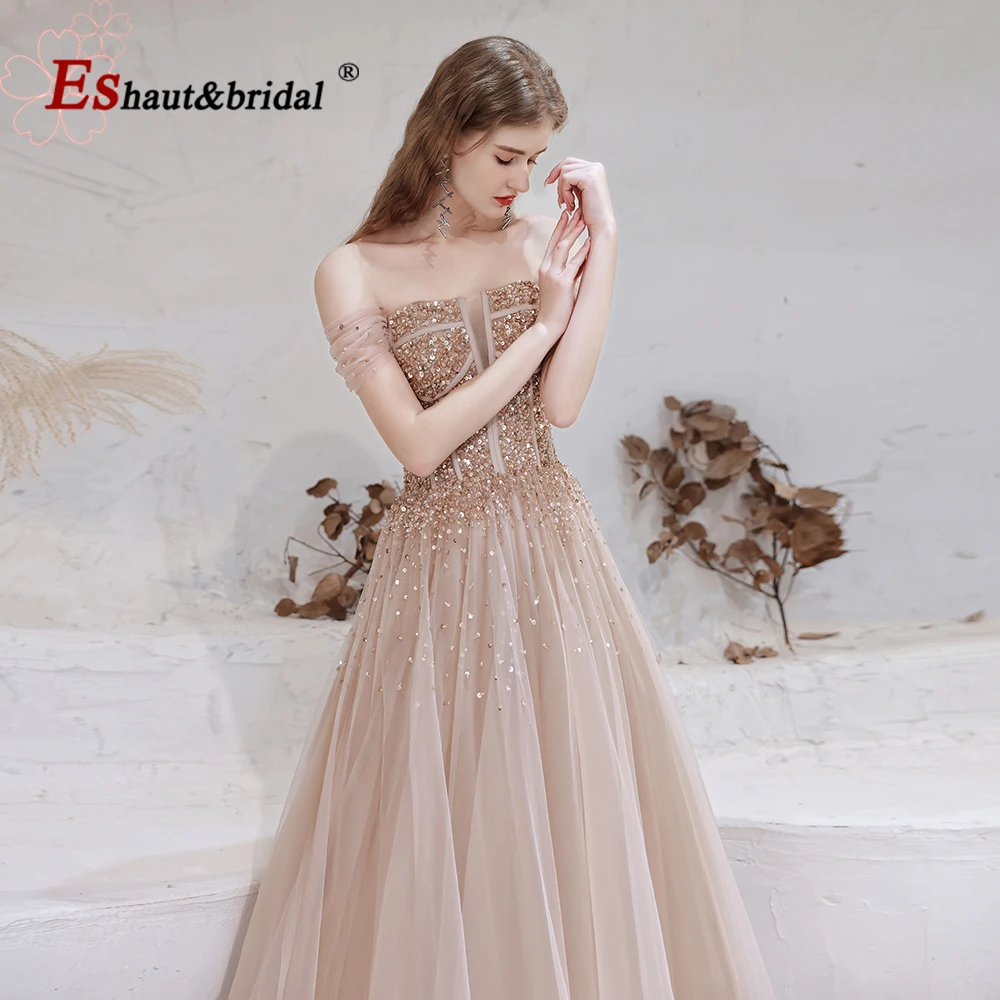 Elegant Blush Beads Evening Night Dress for Women 2023 Off the Shoulder