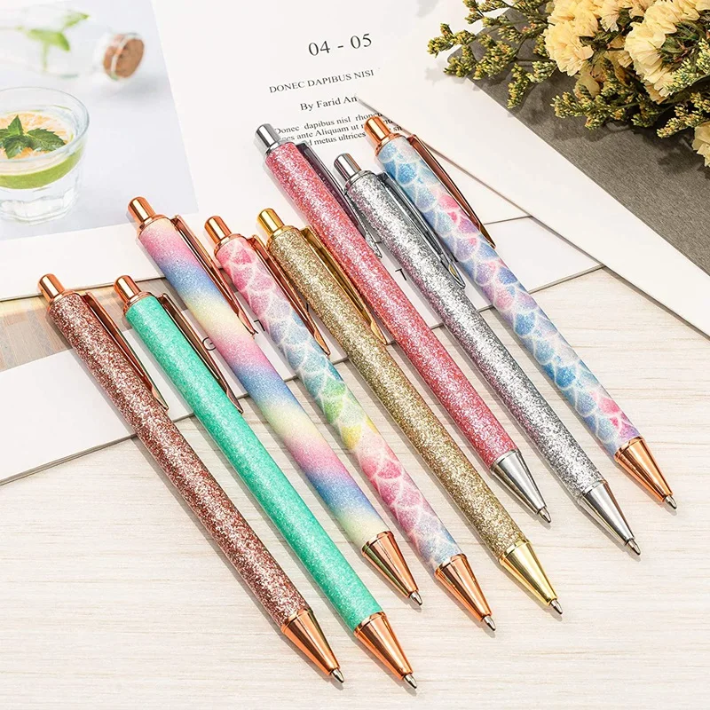 금속 볼펜, 개폐식 볼펜, 반짝이 금속 펜, 학교 용품 리필, 8 개, 1.0mm