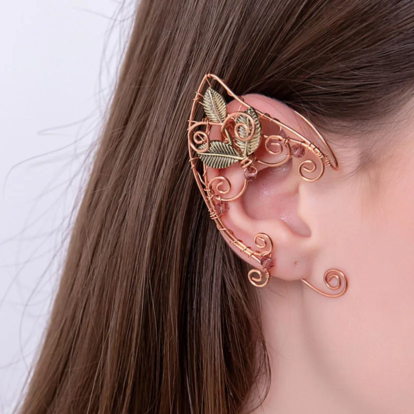 

Handmade Copper Leaf Elven Ear Cuff Cosplay Wrap Earrings Charm Vintage Garden Flower Pearl Green Leaf Fairy No Piercing