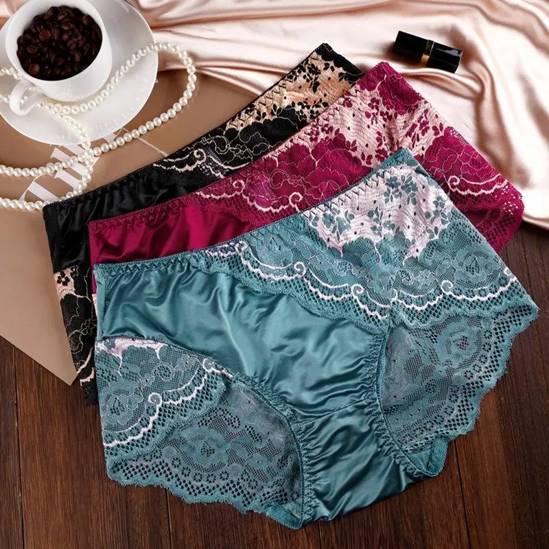 

High-end Satin Luxury Lace Embroidered Modal Underwear Panties Women Large Size Hip Sexy Cotton New Briefs L-XL