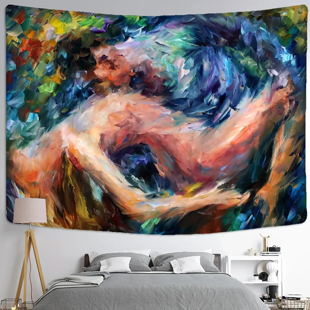 

Creative Oil Painting Lovers Tapestry Wall Hanging Hippie Kiss Valentine's Day Abstract Art Theme for Bedroom Decorations Gifts