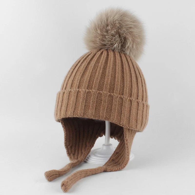 

Winter Real Fox Fur Pompom Beanie Hats For Kids Autumn Baby Warm Knitted Wool Hat Toddler Earflap Skullies Beanies Outdoor