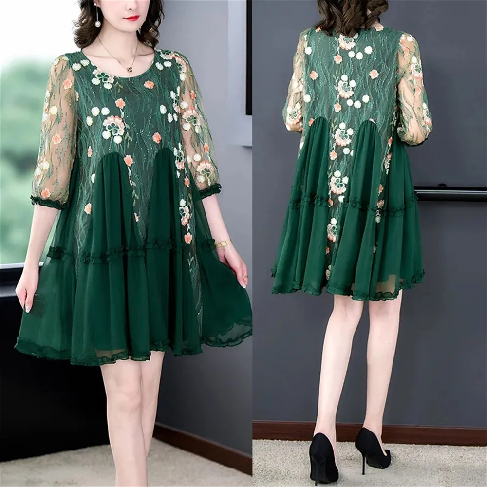 

Rich Llady Luxury Embroidered Dress 2023 Spring/Summer New Fashion Covering Belly Foreign Style Reducing Age Over Knee Midskirt