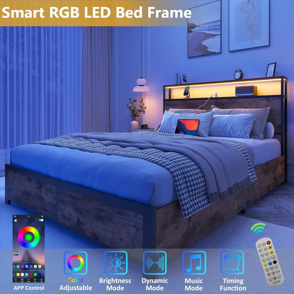 bedstead.Full Bed Frame with 2-Tier Storage Headboard, Metal Platform Bed Frame with 4 Storage Drawers,Built in Charging Station 5