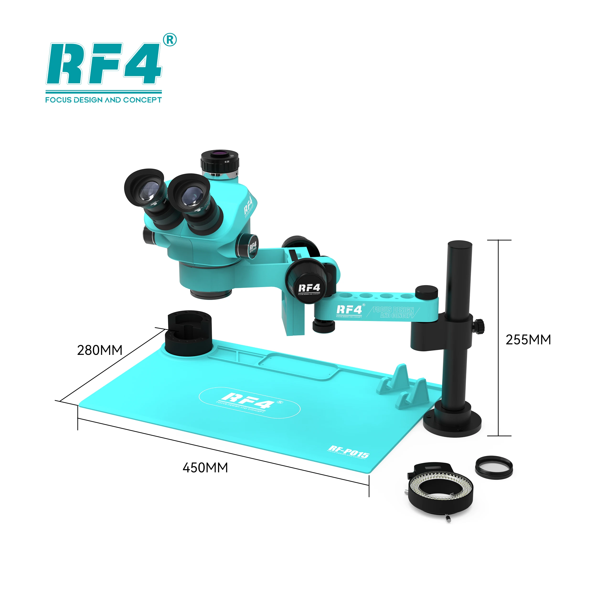 RF4 삼안 입체현미경 세트 360 ° 회전 관절형 암 스탠드 전화 납땜 PCB 수리 RF7050TVPRO-F019