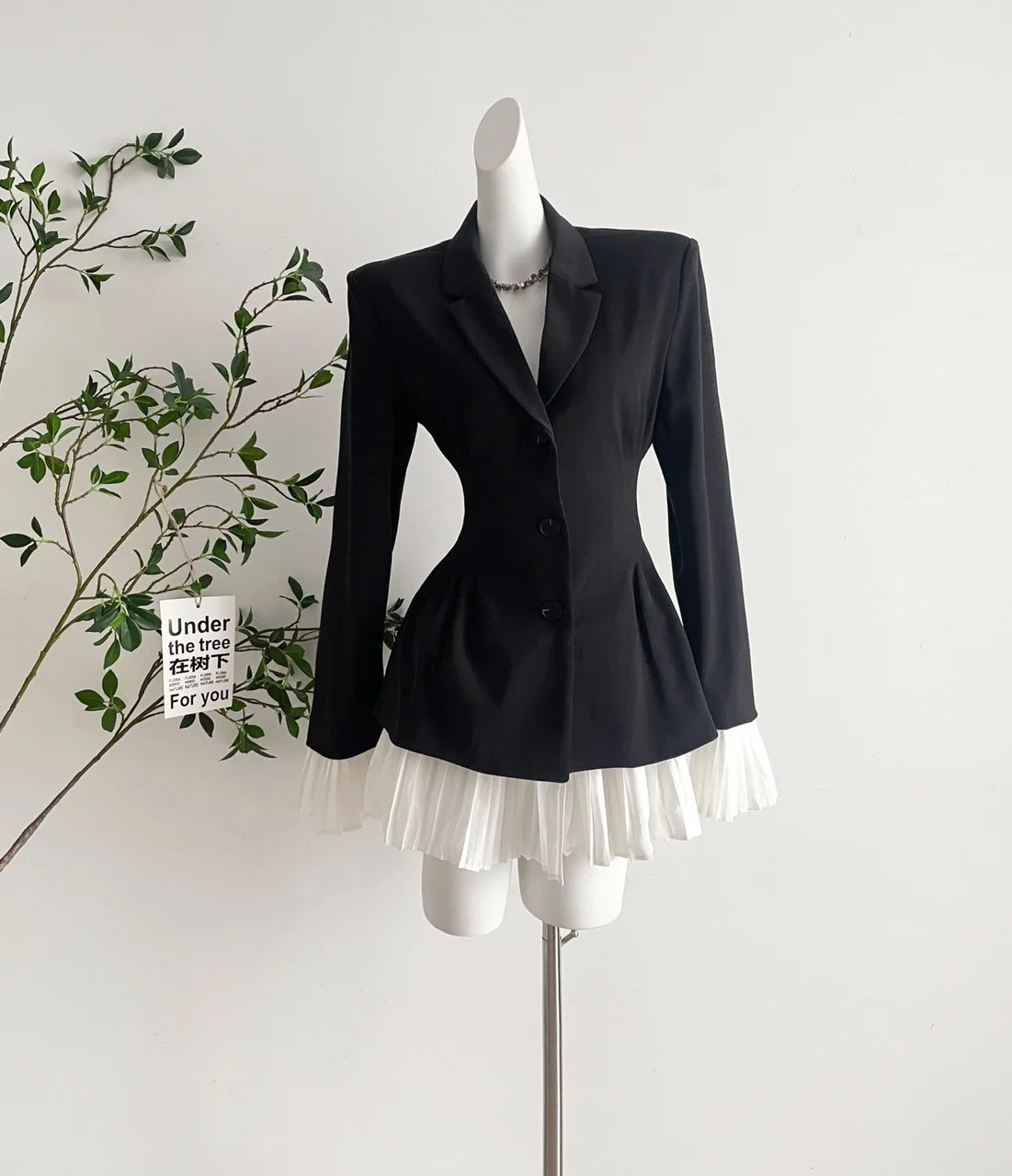 Elegant Patchwork Suit Dress Women Turn-down Collar Single Breasted Flare Sleeve Pleated Autumn Spring Korean Chic New Clothes