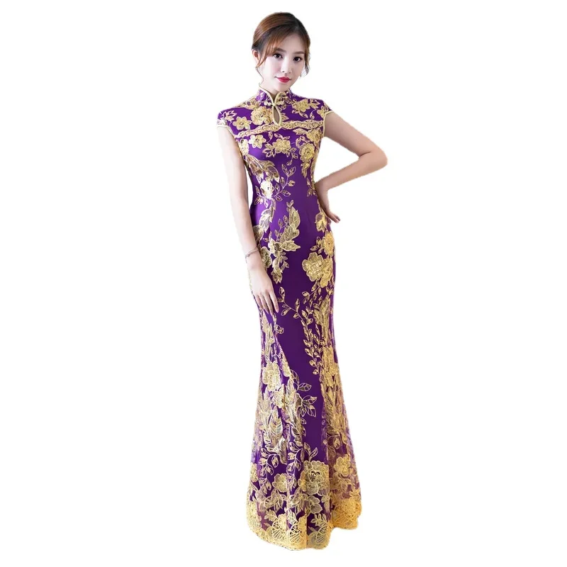 Chinese Traditional Dress Women's Slim Cheongsam Embroidery Sequins Modern Oriental Long Qipao Evening Dresses