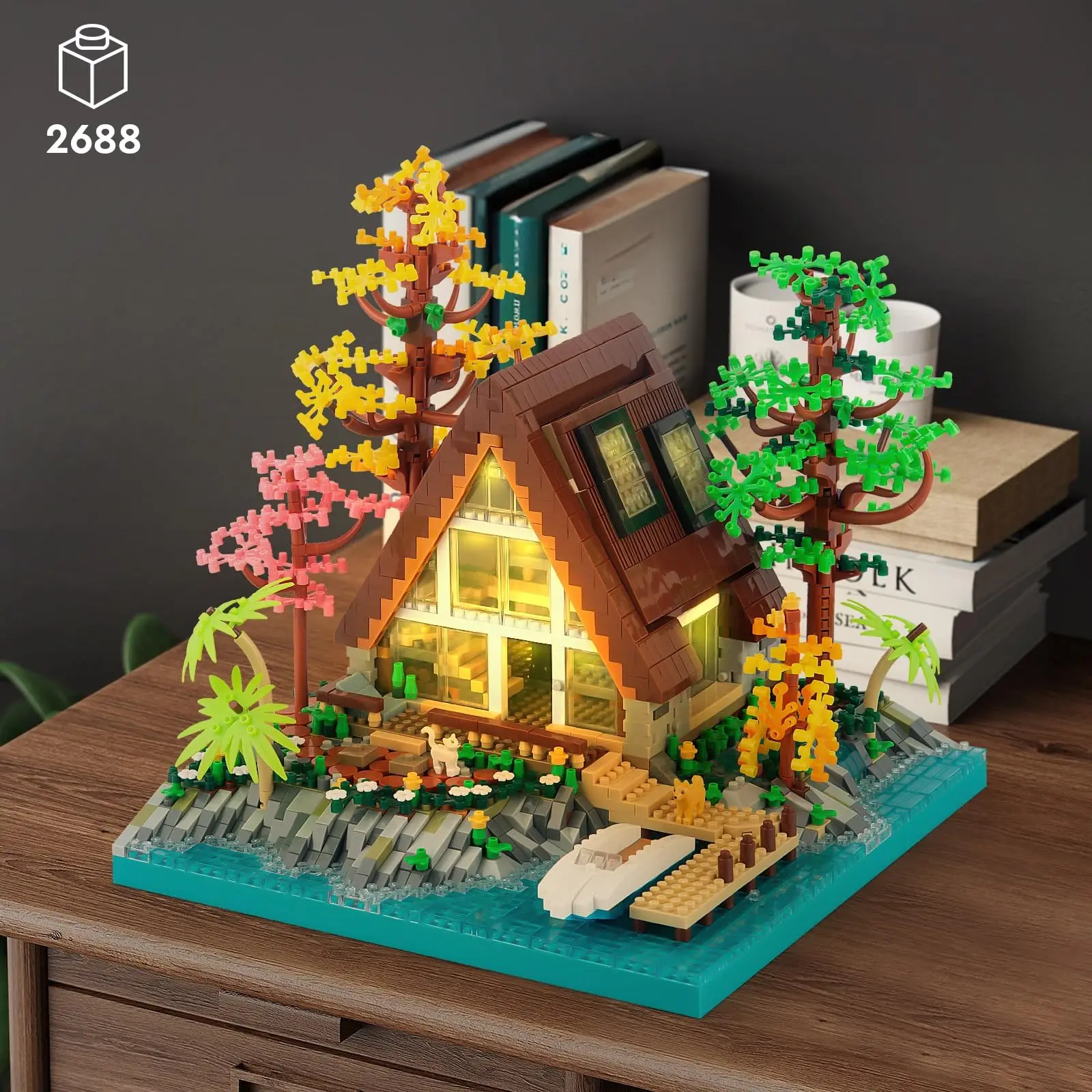 

2688Pcs DIY Lake Island Villa Wooden Cabin House Forest Building Assembly Building Block Toys with Light for Children's Gifts