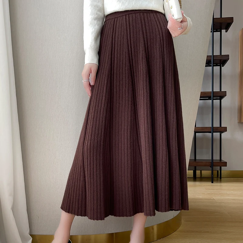 Autumn Winter New Style Pleated 100% Pure Wool Pleated Skirt High Waist A-line Cashmere Knitted Half Length Skirt for Women
