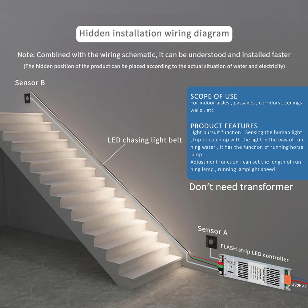 5M 10M 15M WS2811 COB Running Water Strip Light for 24V 400W PIR Motion Sensor LED Stair Controller Staircase Lighting Decor 5