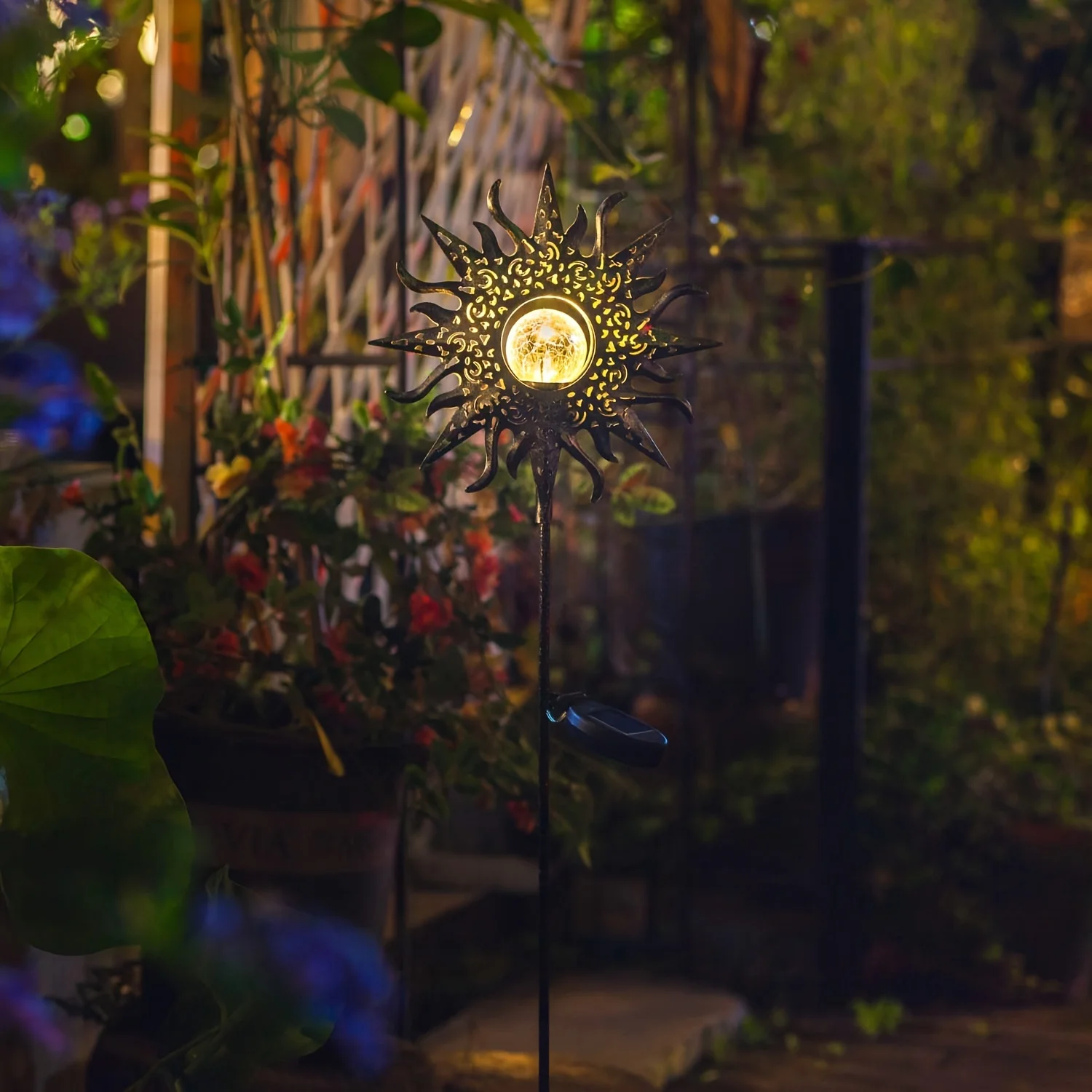 Solar Light Outdoor Flame Sun Iron Landscape Decorative Lamp Waterproof Cracked Glass Bulb LED Lamp For Garden Lawn Courtyard 3