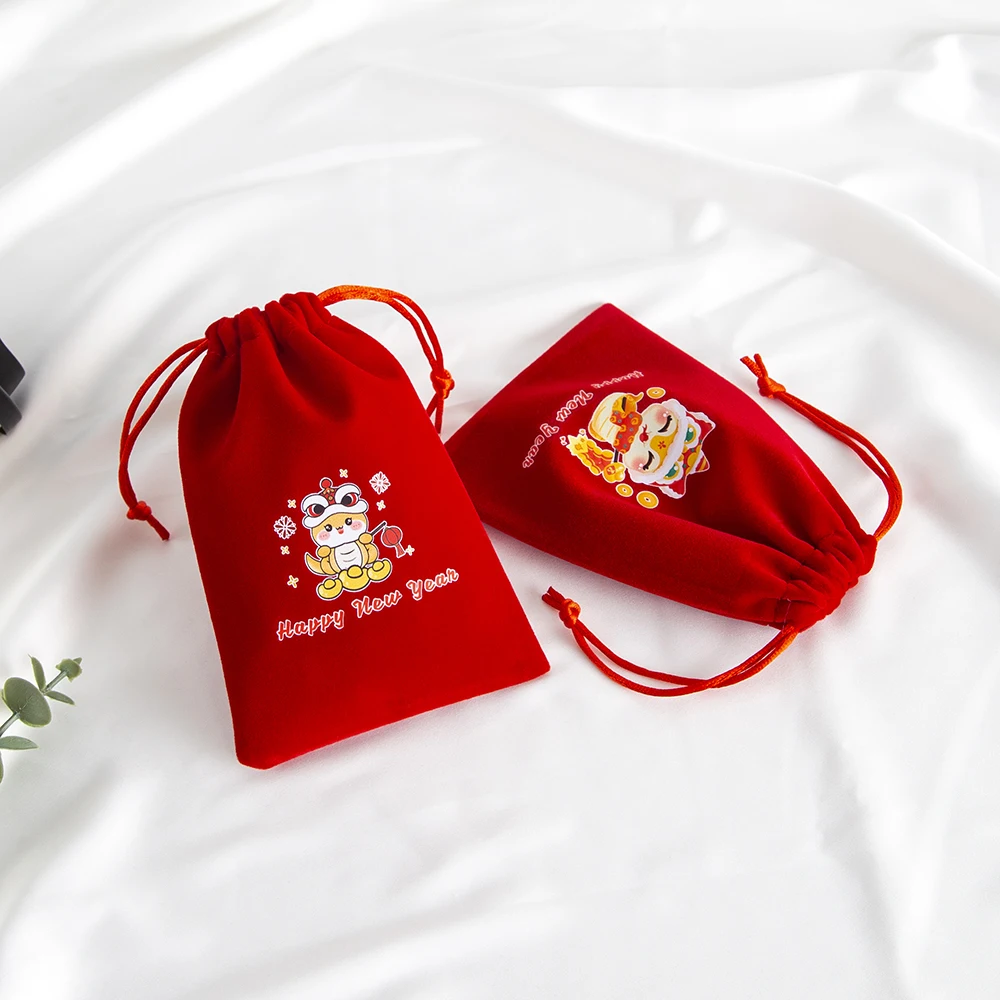 10 Stücke Rot Neujahr Samt Kordelzug Geschenk Leckerli Tasche Ohrringe Schmuck Verpackung Chinesischen Frühling Festival Party Candy Schlange Beutel – Detail 15