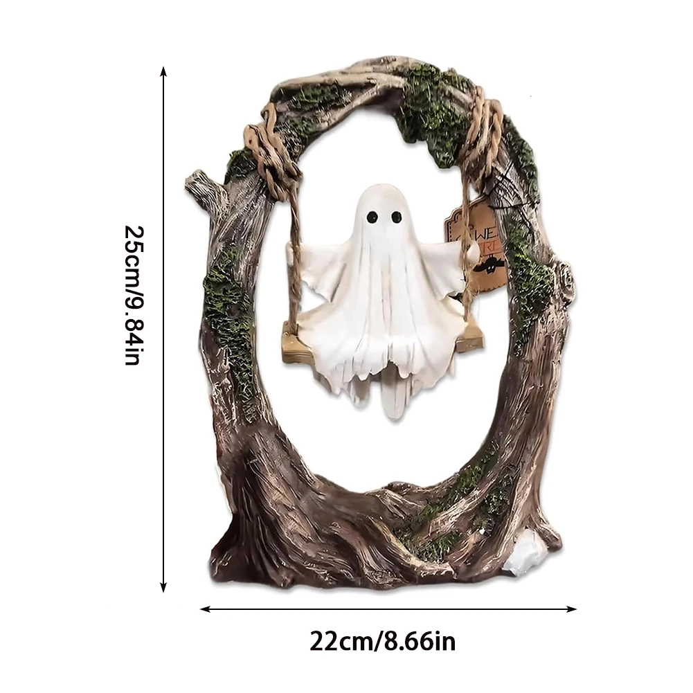 Swinging Ghost Ornament Resin Ghost on Tree Swing Statue Multi-Purpose Cute Spooky Halloween Figurine for Indoor Outdoor Porch