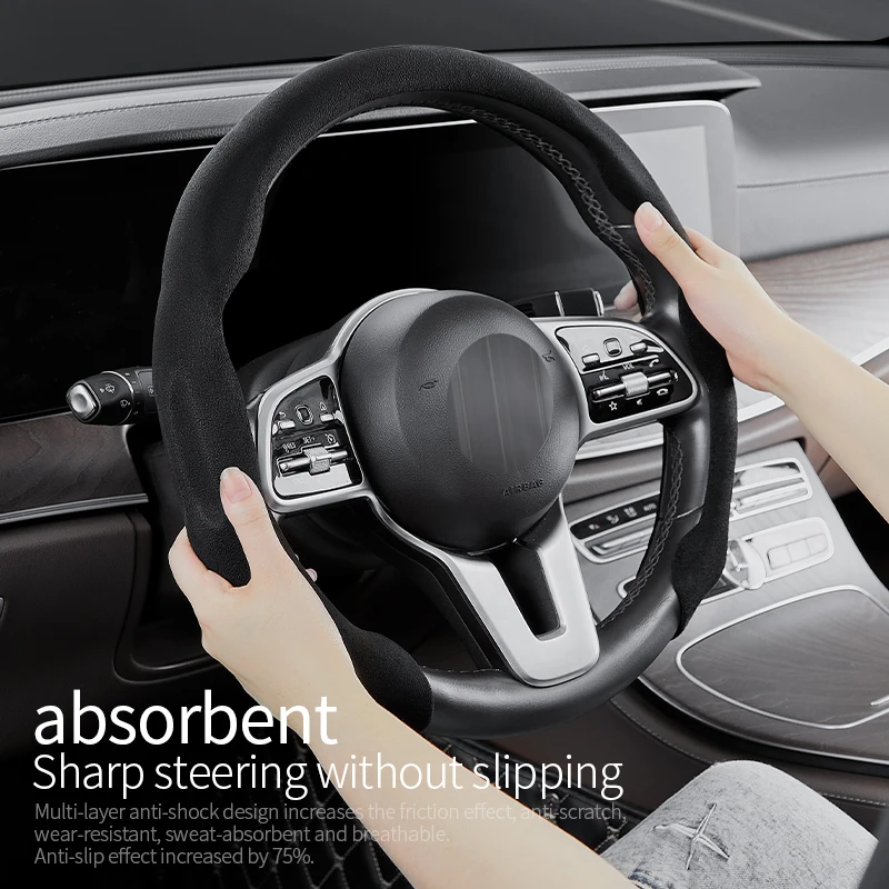Steering Wheel Cover Car Steering Wheel Cover Suede Sweat-Absorbing Anti-Slip Ultra-Thin Handlebar Cover All-Season Universal Plush Half Set
