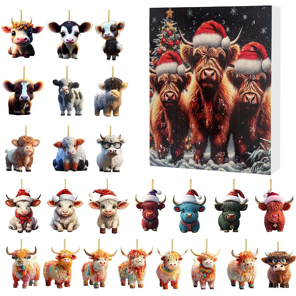 Acrylic Cartoon Highland Cow Ornaments for Christmas Tree Decorations