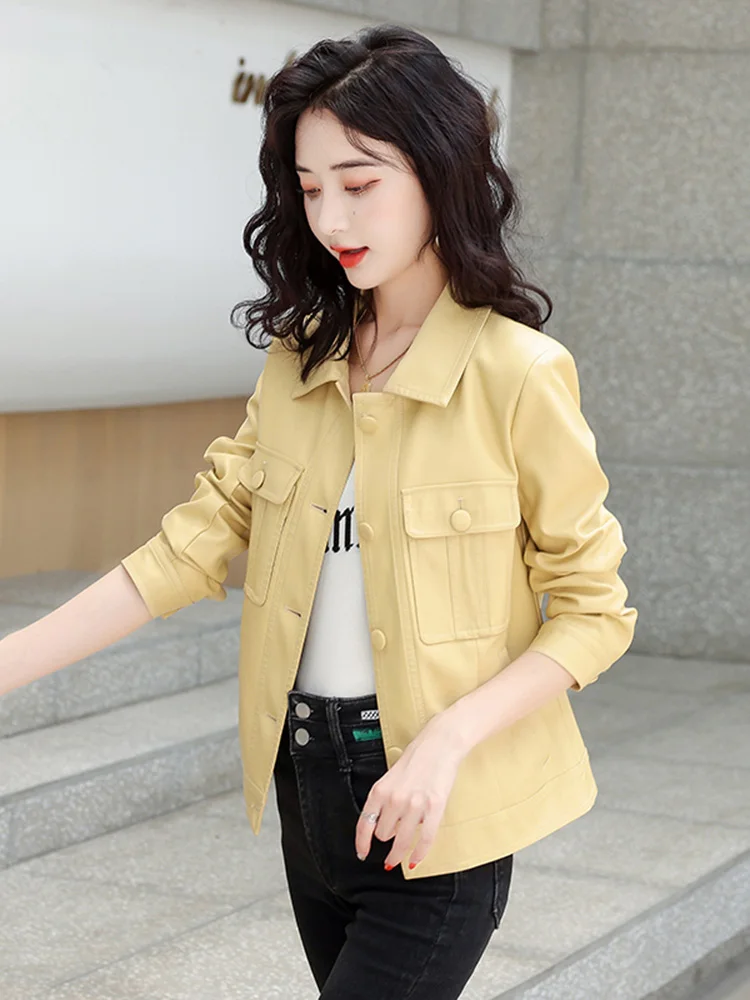 New Women Leather Jacket Spring Autumn Fashion Casual Turn-down Collar Soft Sheep Leather Coat Short Slim Outerwear Female