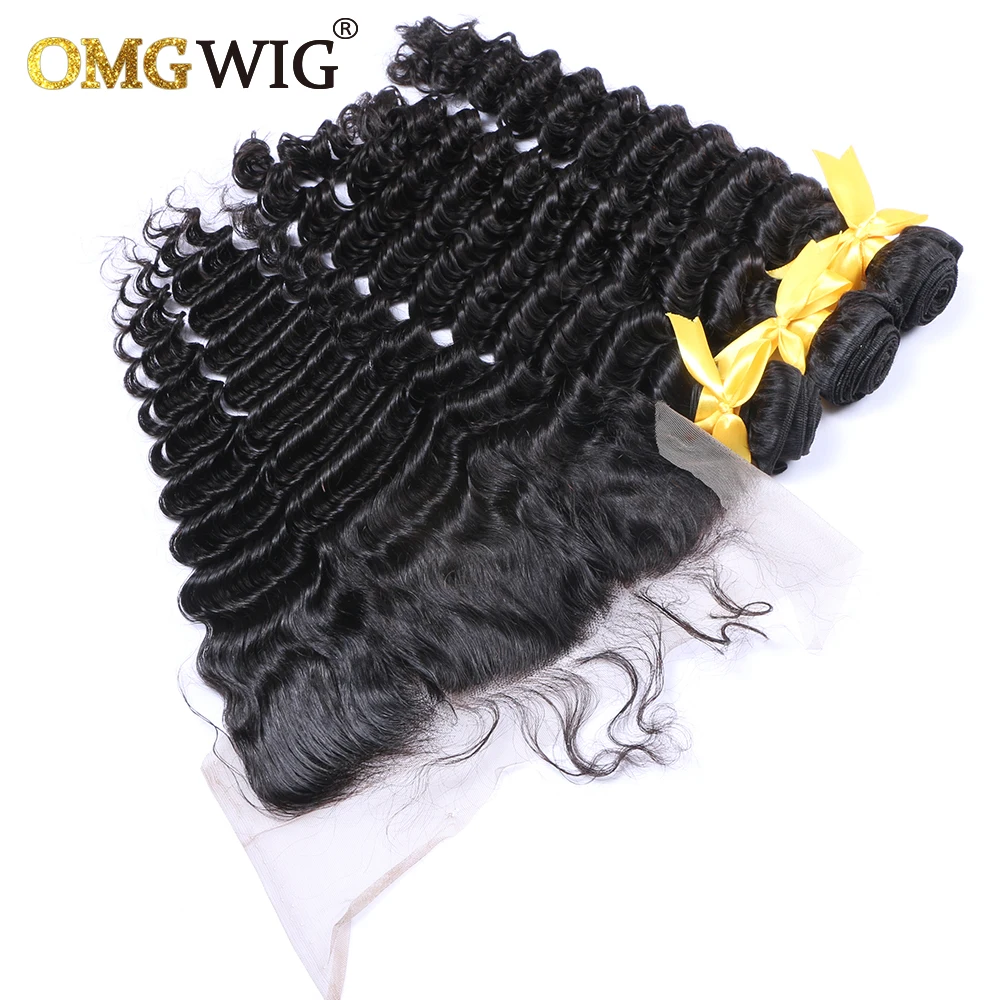 Deep Wave Natural Color Hair Bundles With 13x4 Base Closures Brazilian Human Hair Free Part Bleached Knots Transparent Lace