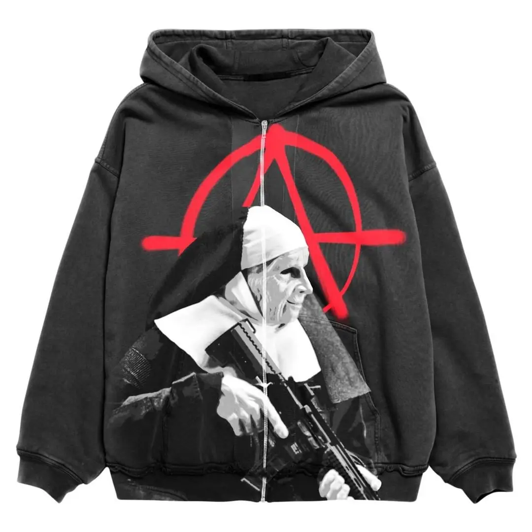 High quality Nun Grandma Killer Print Zip Up Hoodie Fashion Design Streetwear Women Warm Cotton Liner Y2k Goth Oversized Hoodie