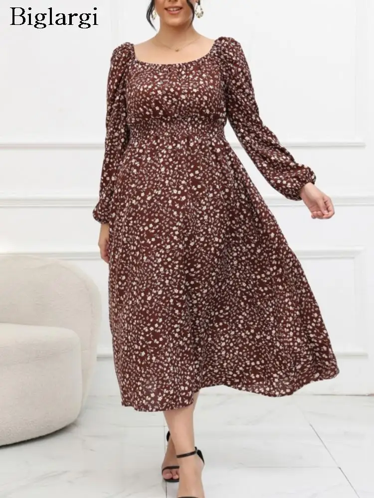 

Plus Size Autumn Floral Dress Women Flower Print Loose Fashion Ruffle Pleated Ladies Dresses Puff Long Sleeve Woman Dress 2023
