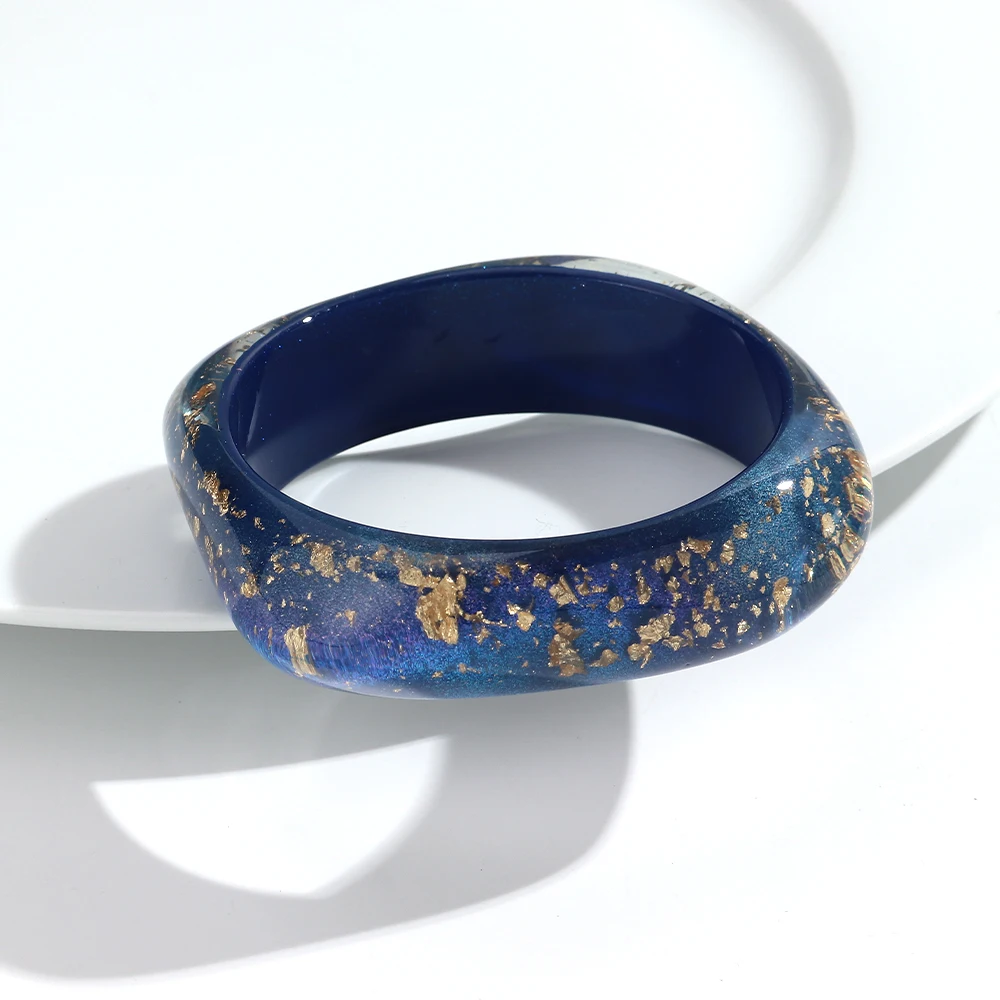 Elegant Gold Foil Irregular Square Wide Bangle - Trendy Resin Geometric Bracelet Statement Jewelry Gift
