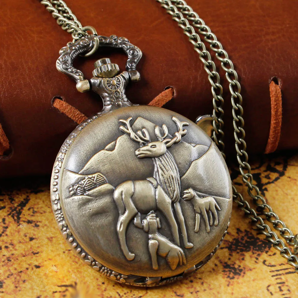 

Elk Carved Quartz Pocket Watch Vintage Bronze Necklace Men Women Jewelry Accessories Pendant Clock reloj de bolsillo